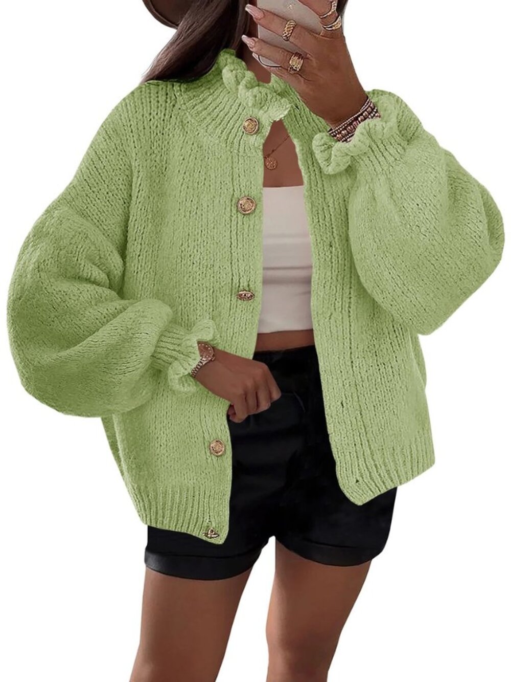 Womens Ruffle Cardigan Oversized Button Up Fall Trendy Ribbed Knit Open Front - Picture 7 of 8
